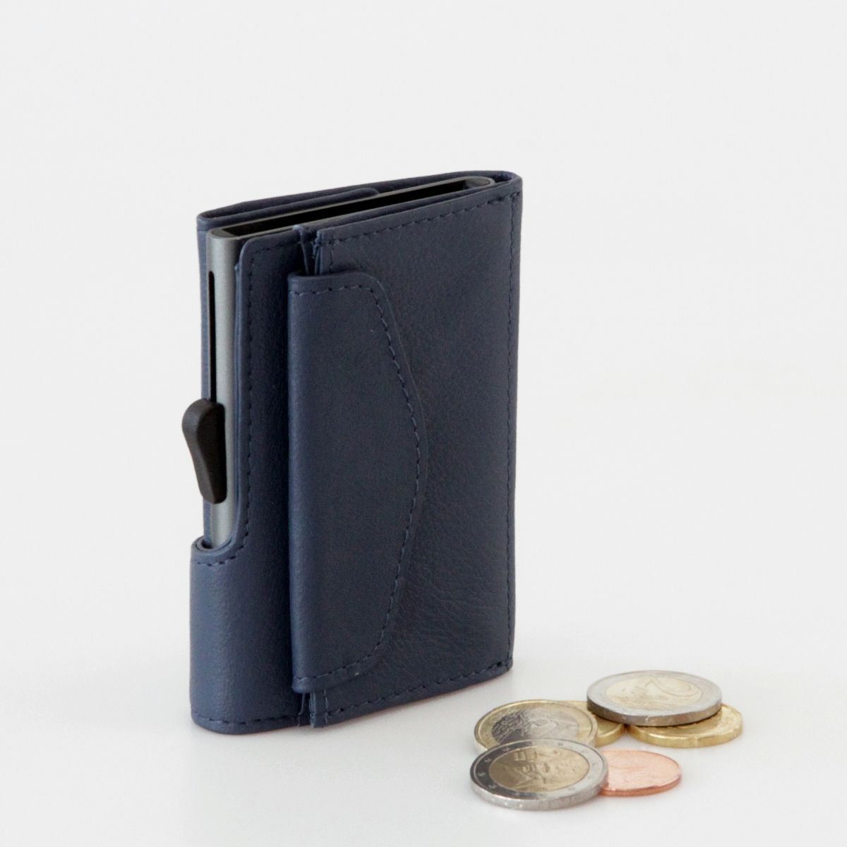 C-Secure Aluminum Card Holder with Genuine Leather and Coin Pouch - Blue Marino